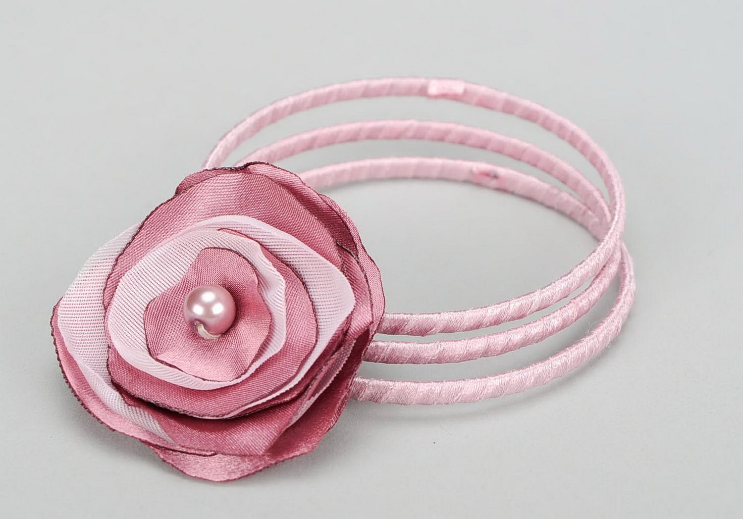 Bracelet with flower made of organza and satin Snowy plum photo 1