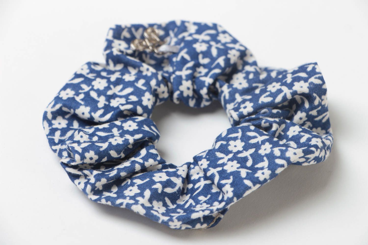 Handmade large decorative blue fabric elastic hair band with floral pattern photo 3