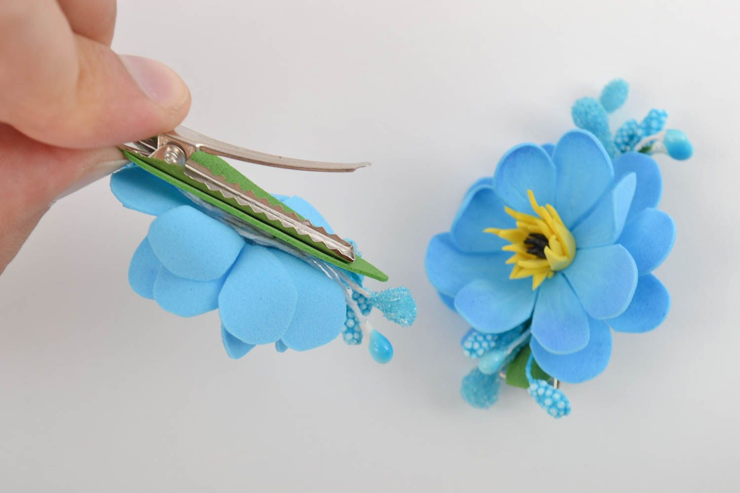 Set of handmade hair clips with flowers made of foamiran blue hairpins photo 10