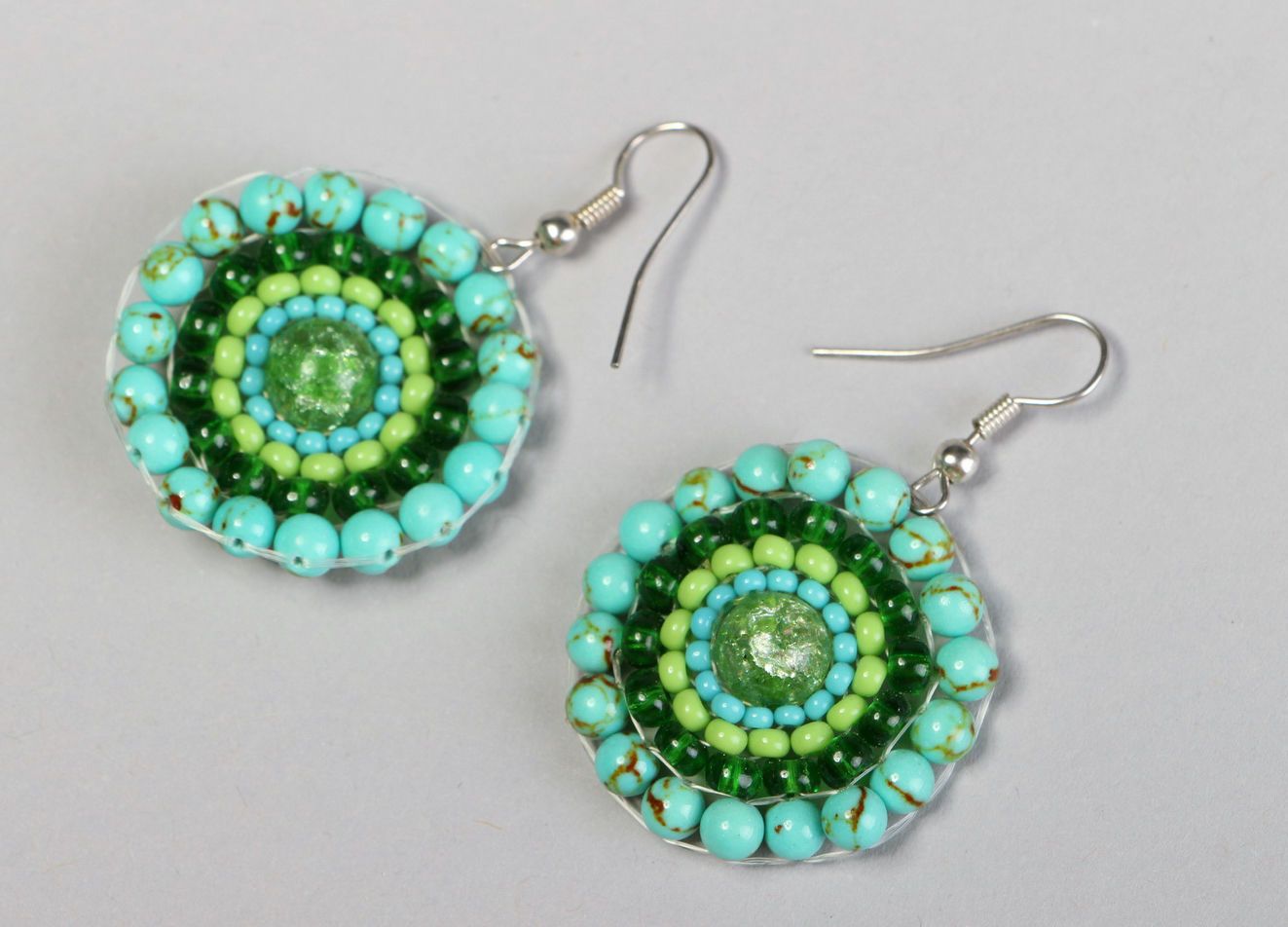 Round earrings with beads and turquoise photo 2
