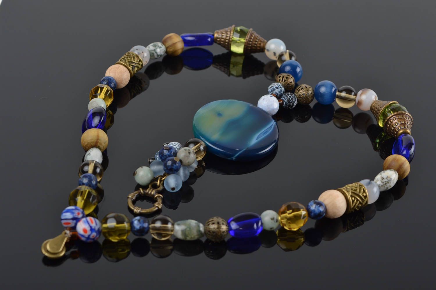 Collier multicolore perles de verre de bois pierres naturelles fait main photo 1