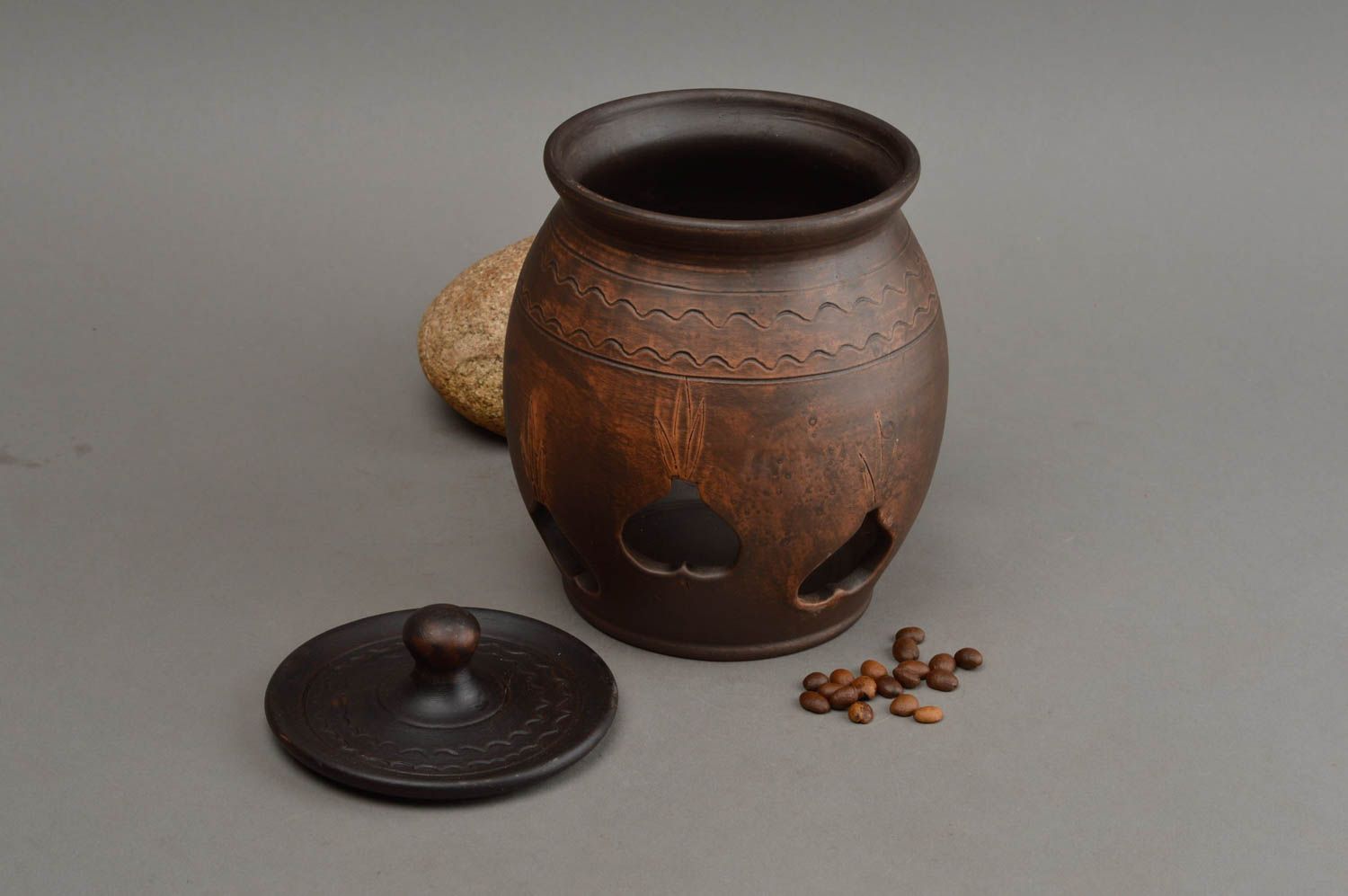 Pot à ail céramique avec couvercle marron style écologique fait main original  photo 1