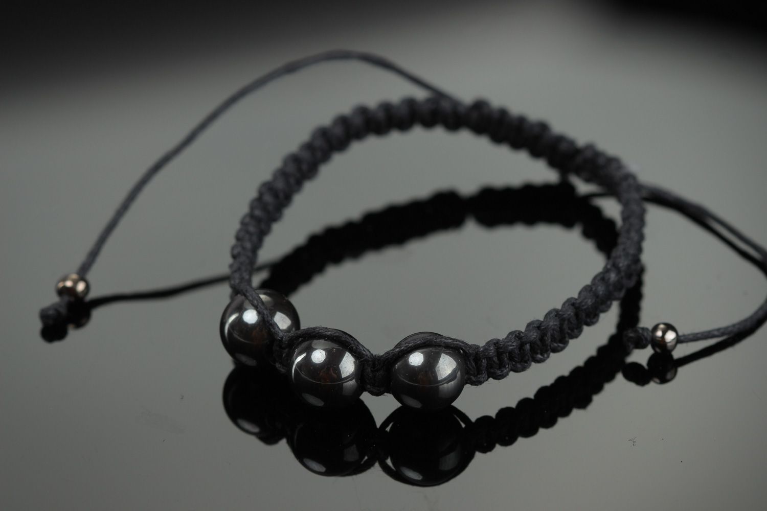 Handmade black friendship bracelet with waxed cord and hematite beads for women  photo 1