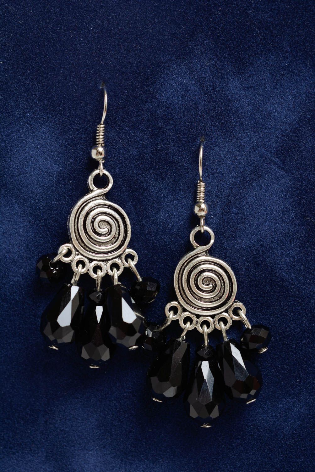 Handmade massive metal earrings with black glass beads photo 1