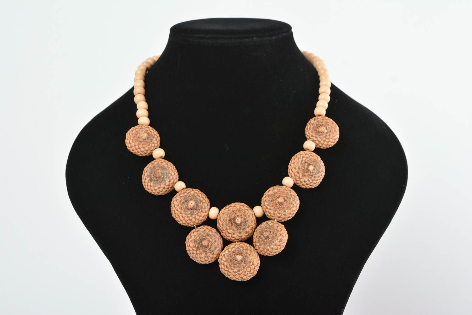 Necklace with wooden beads and acorns handmade designer accessory in eco-style photo 3