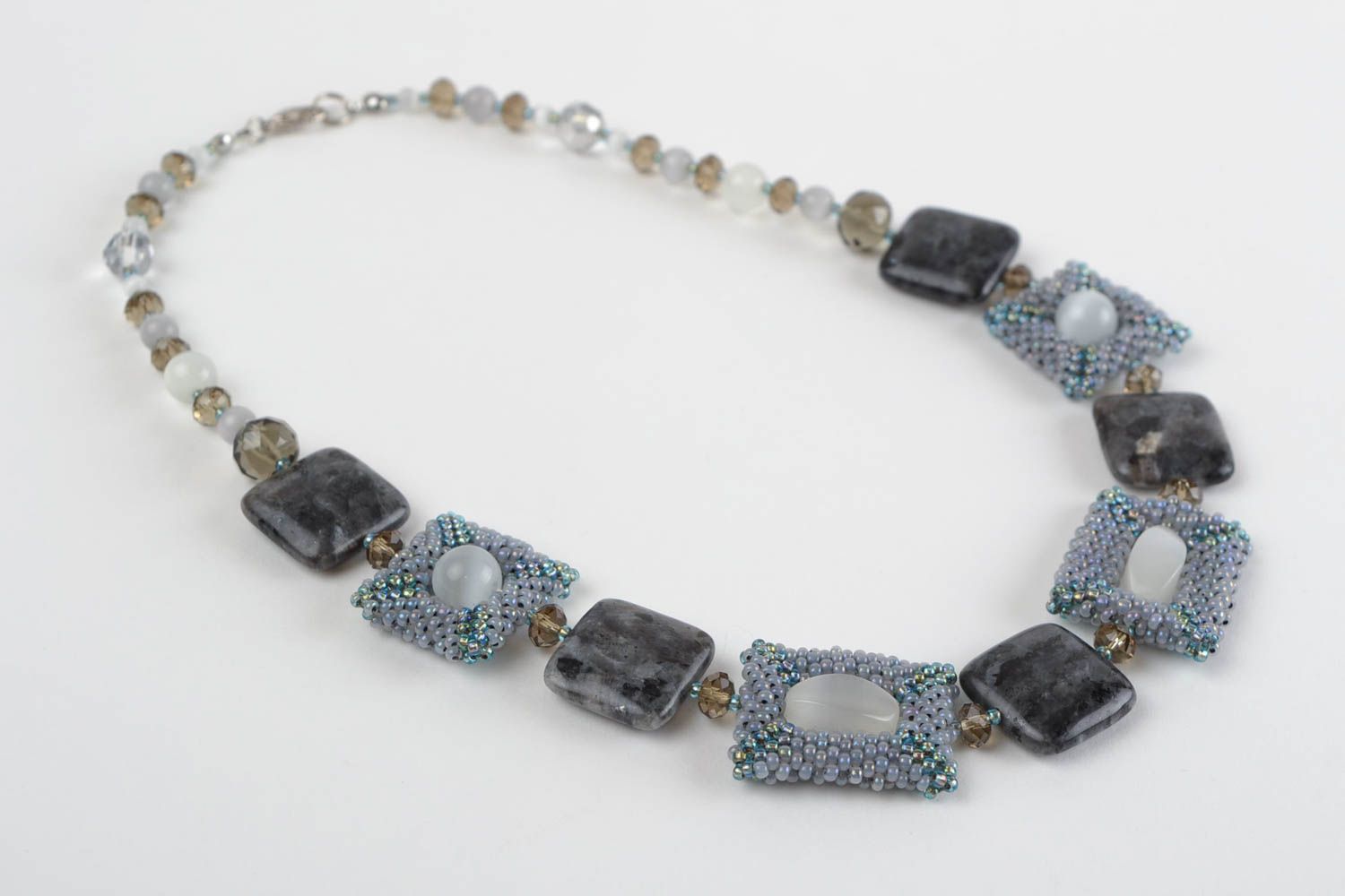 Handmade natural stone and bead woven necklace in severe gray color palette photo 5