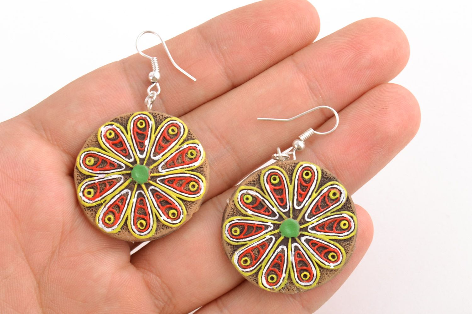 Handmade ceramic round dangling earrings with acrylic painting Peacock Tail photo 2