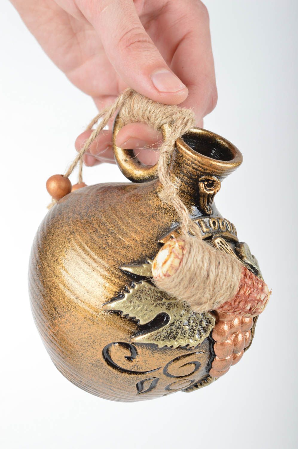 Handgemachter goldfarbener schöner Ton Krug mit Bemalung Keramik Karaffe foto 3