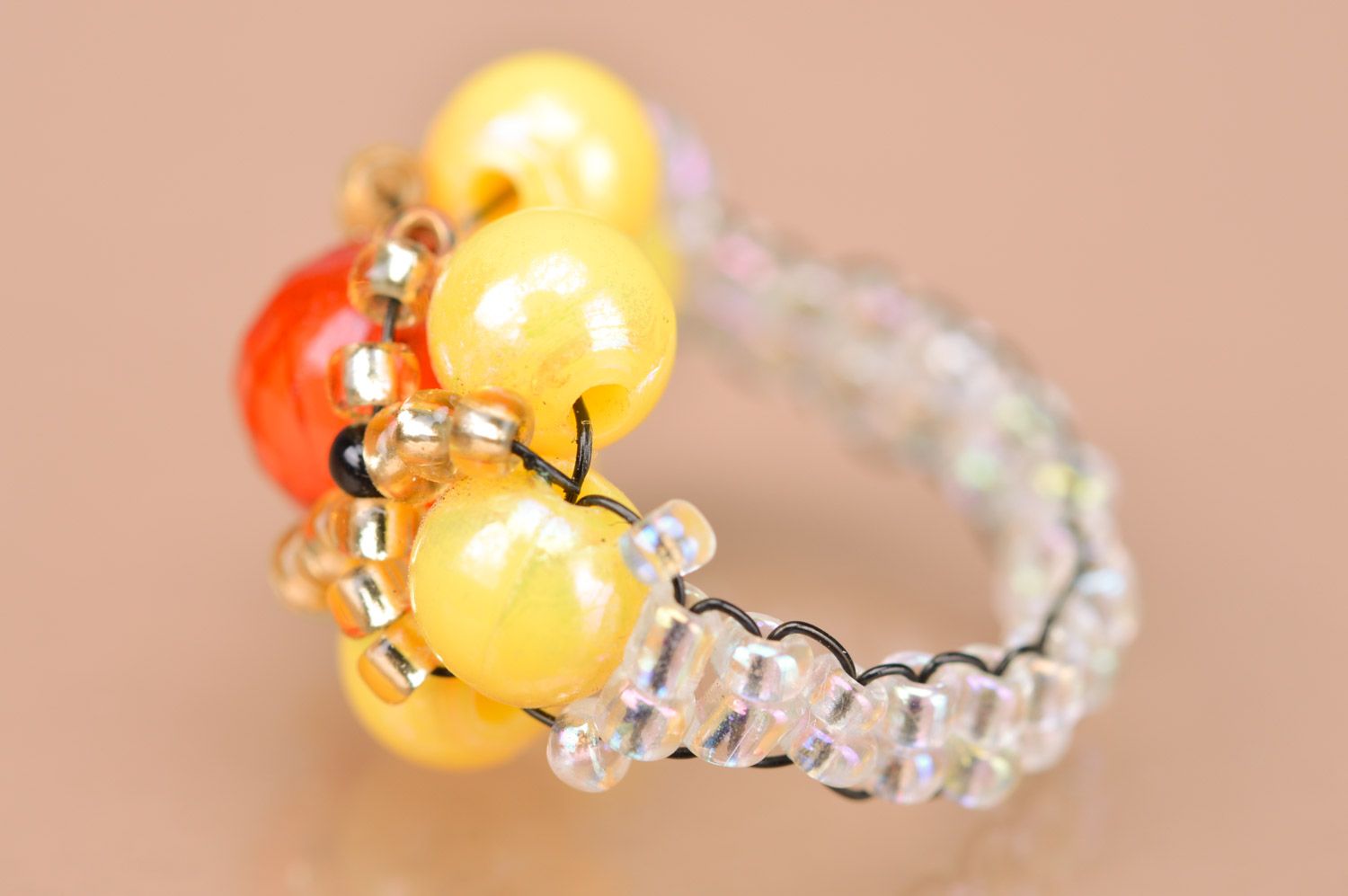 Handmade red and yellow beaded ring in the shape of flower for little girl photo 2