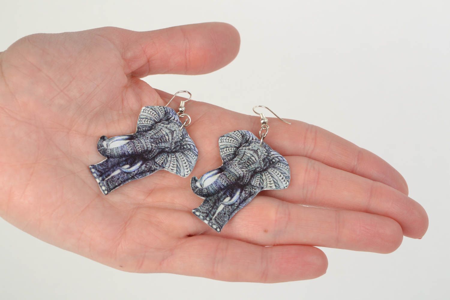 Unusual handmade decoupage plastic earrings in the shape of elephants photo 2