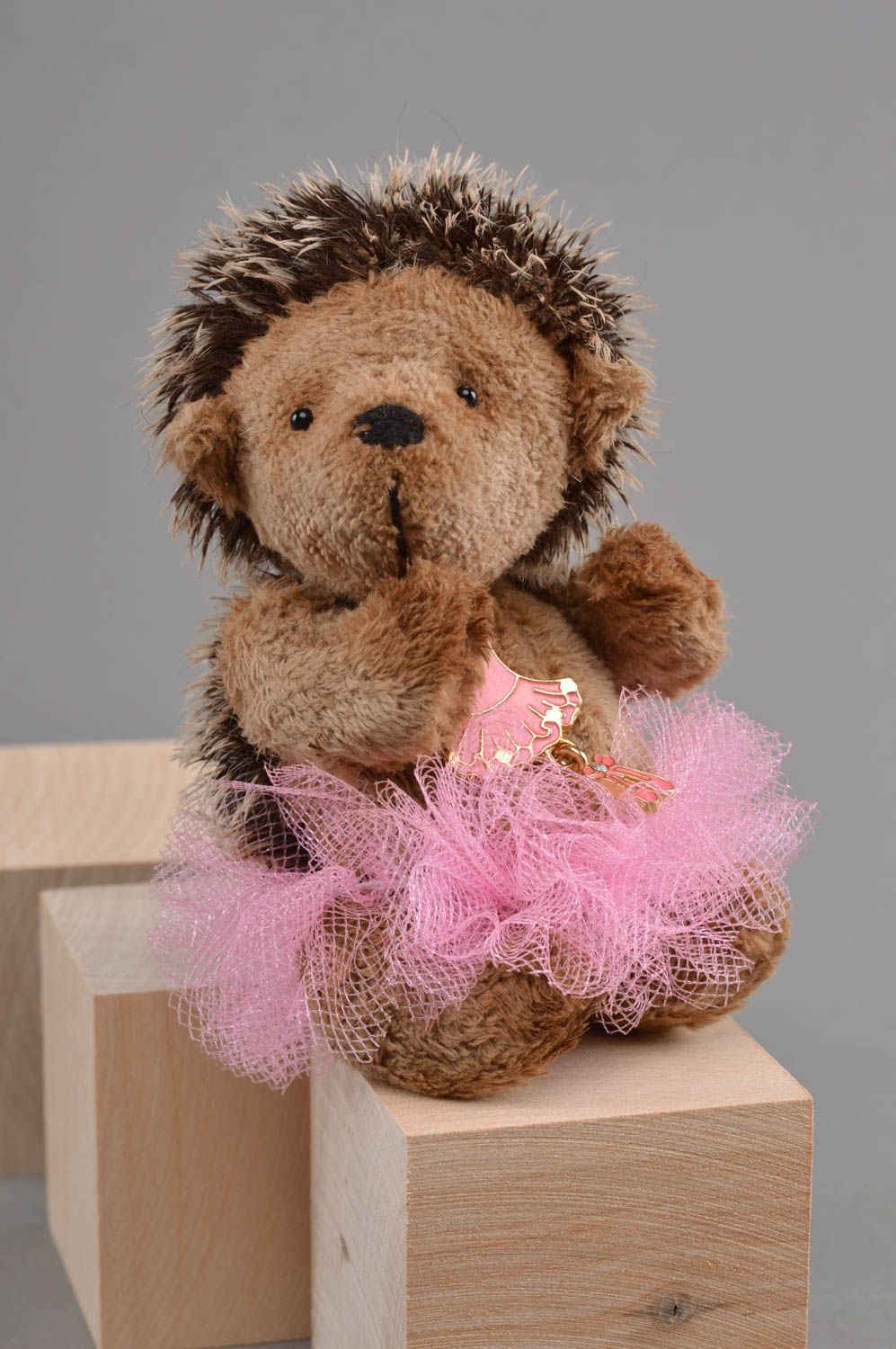 Handmade designer plush soft toy brown hedgehog in pink tutu skirt for kids photo 2