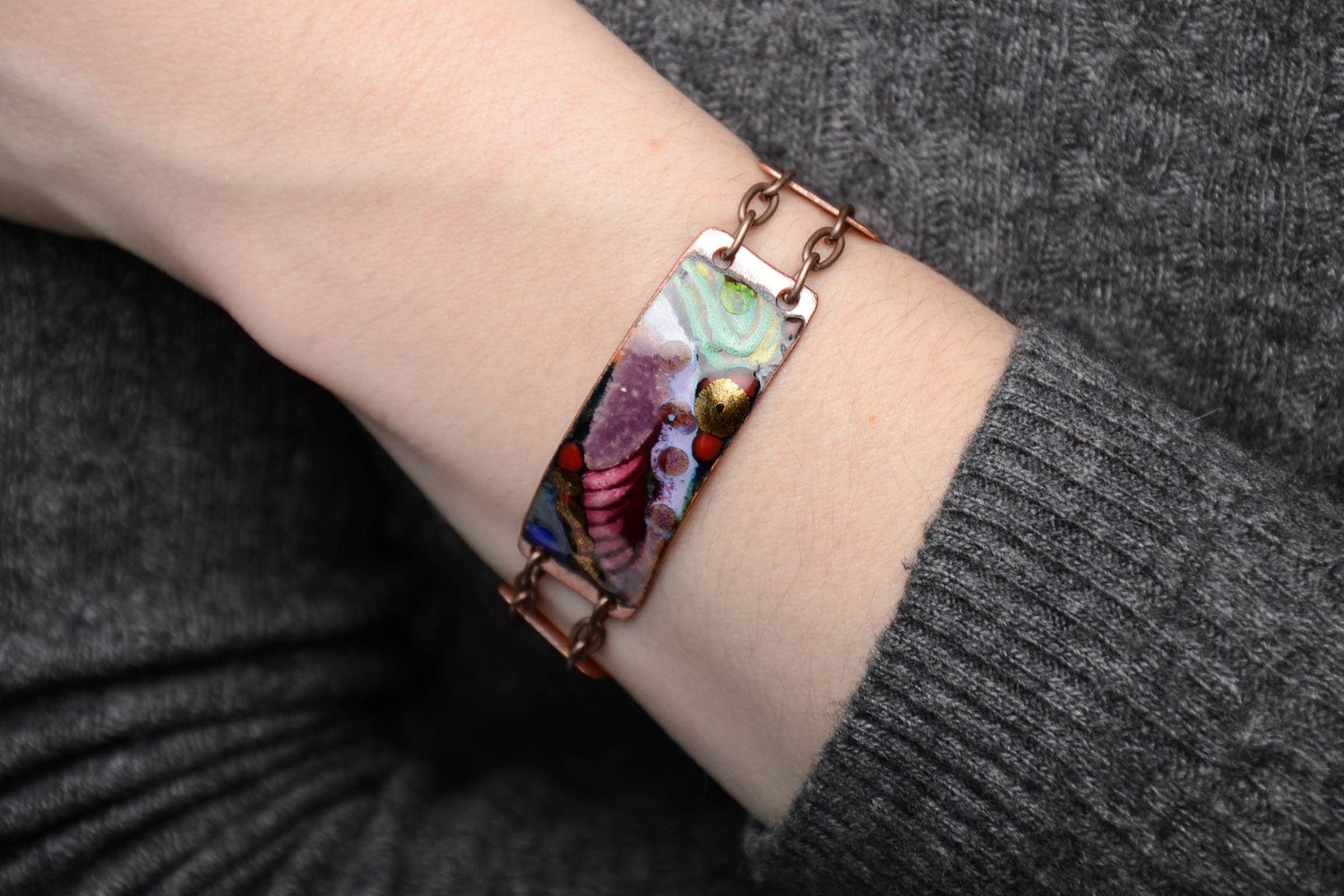 Copper bracelet with colorful enamel and chain photo 2