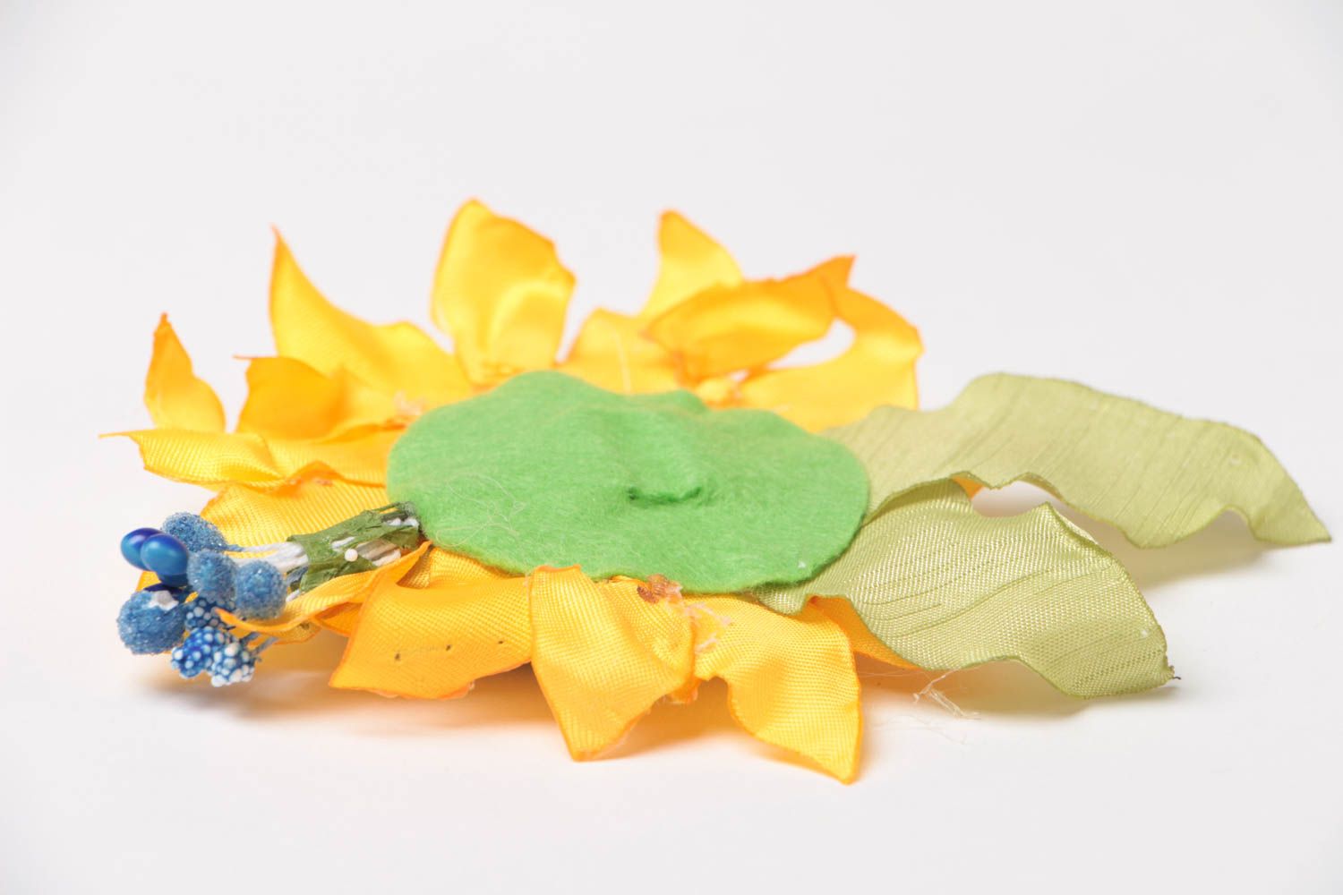 Beautiful handmade designer satin fabric hair clip with yellow sunflower photo 4