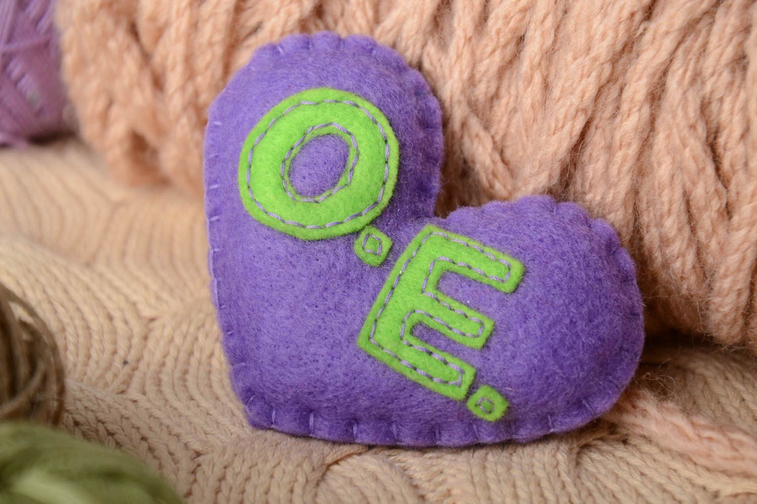 Handmade small felt soft toy fridge magnet violet heart with green letters photo 1