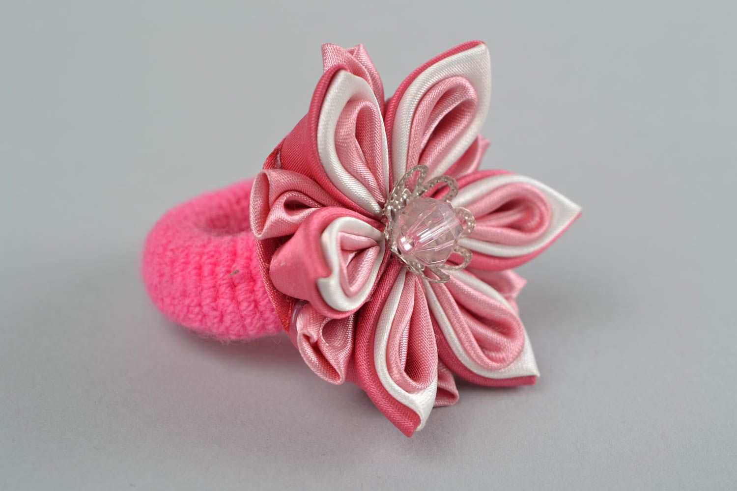 Pink handmade hair tie made of satin ribbons in shape of flower for kids photo 3