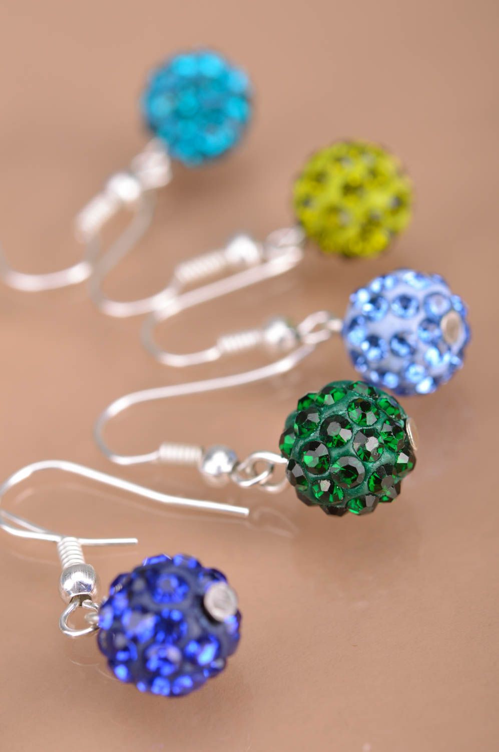 Set of 5 pairs of handmade designer dangle beaded earrings with rhinestones photo 3
