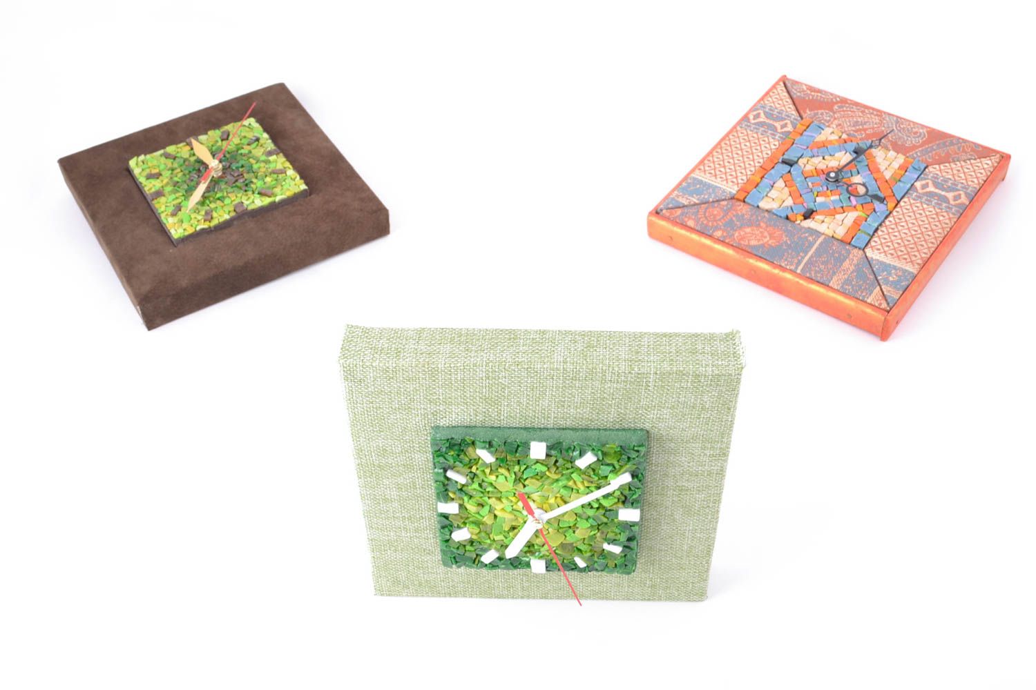 Pendule carrée décorée de tissu et mosaïque en smalt vert faite main Été photo 1