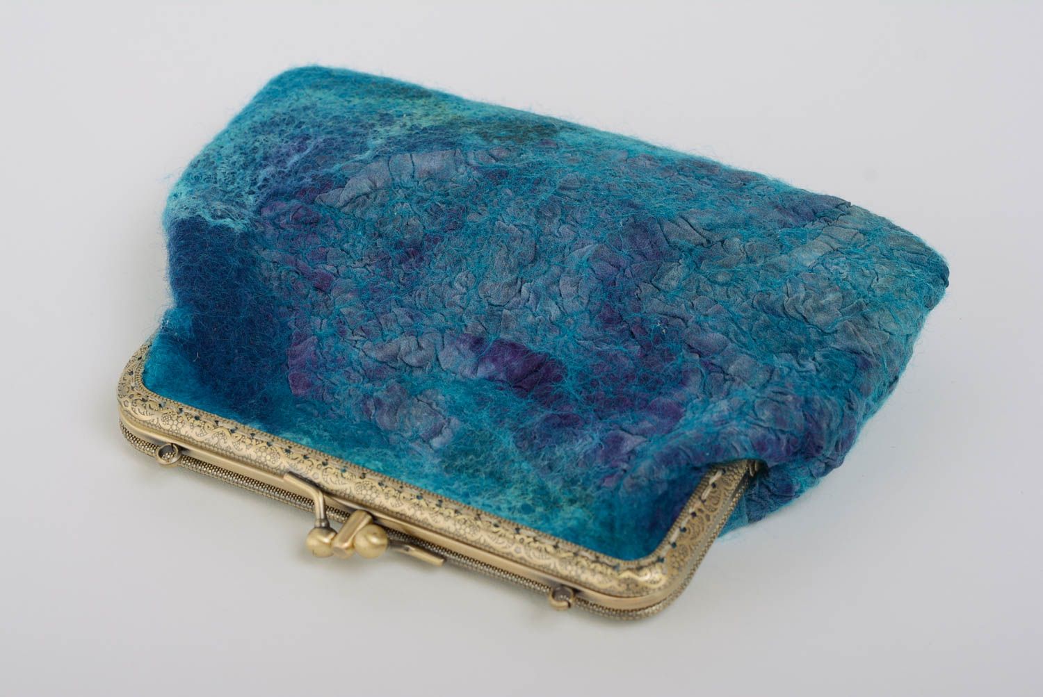 Blaue Geldbörse aus Wolle schön mit Taschenbügel Künstler Accessoire für Frauen foto 2