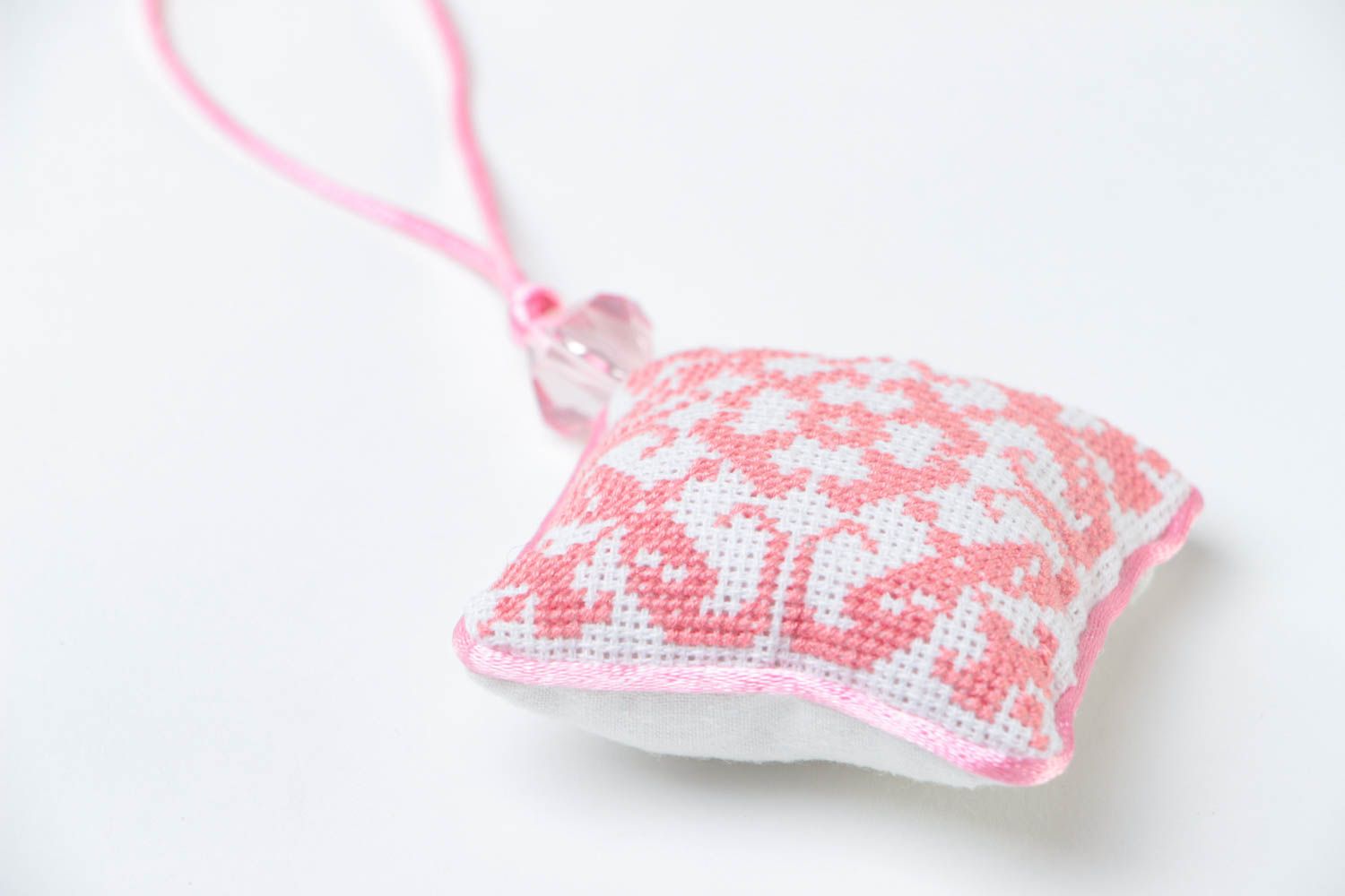 Cotton handmade pincushion decorated with cross-stitch on the handmade eyelet photo 3