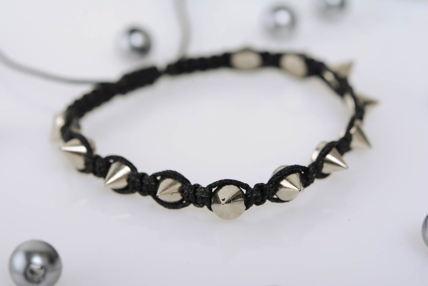Beautiful black handmade thin macrame woven cord bracelet with metal studs photo 4