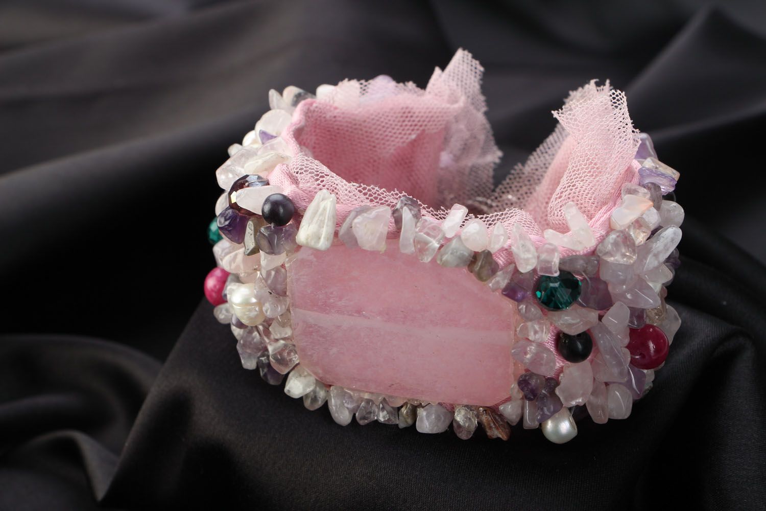 Pink wide bracelet with natural stones photo 3