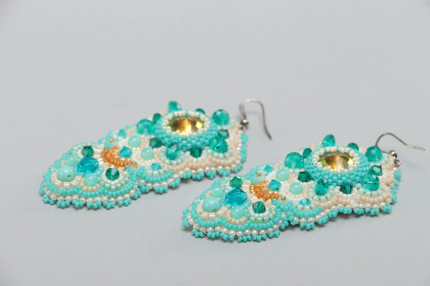 Handmade massive earrings embroidered with beads and crystals Sea Treasure photo 3