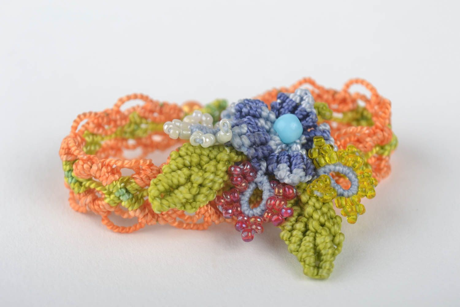 Beautiful handmade woven lace bracelet flower brooch jewelry textile jewelry set photo 3