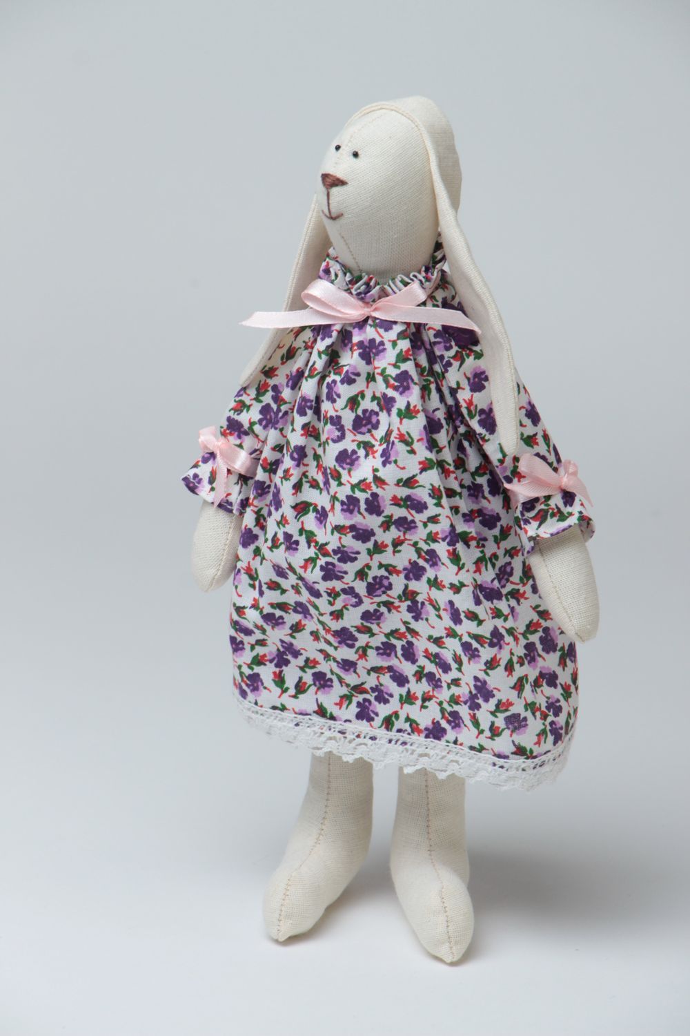 Handmade small fabric soft toy rabbit girl in dress with violet floral pattern photo 2