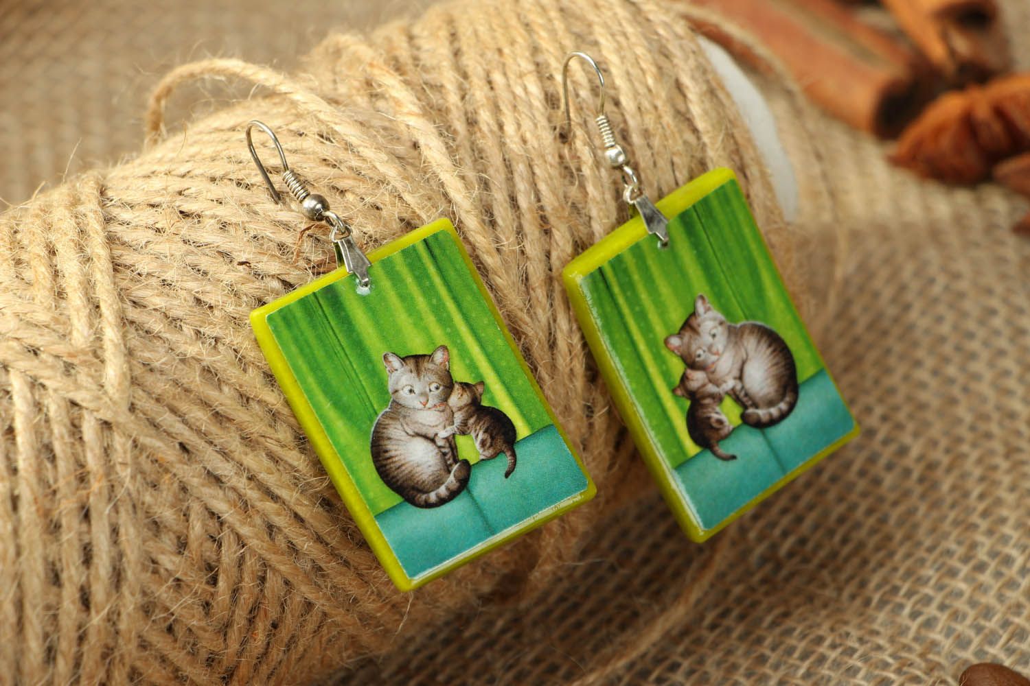 Earrings made ​​of polymer clay Cat Family photo 3
