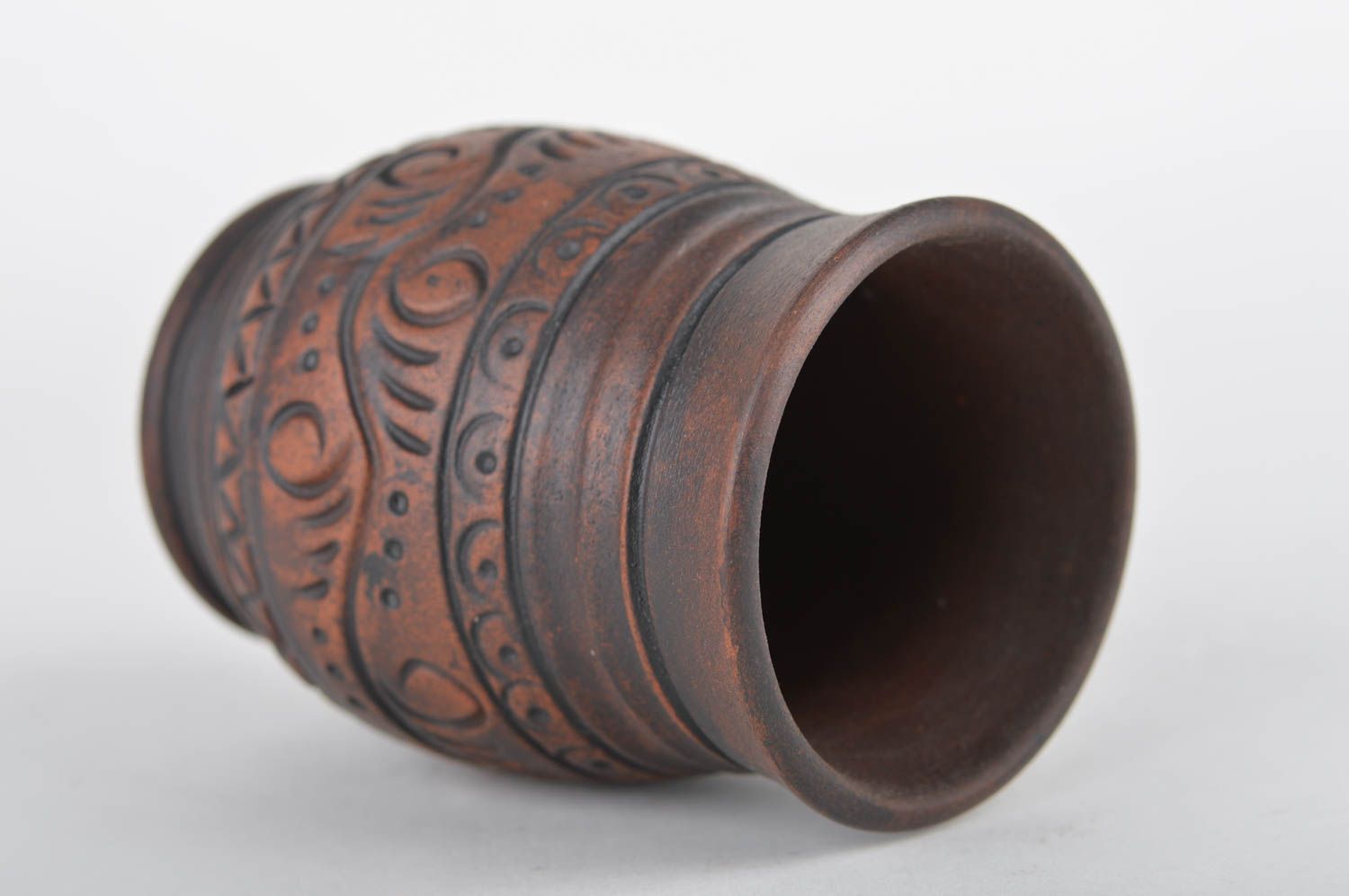 Handmade large brown ceramic glass red clay drinkware in ethnic style ornamented photo 2