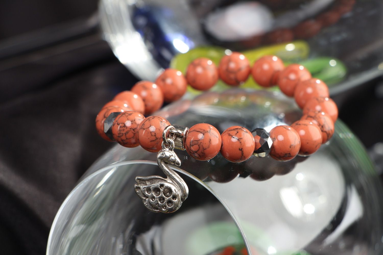 Handmade coral bracelet with metal charm in one turn photo 4