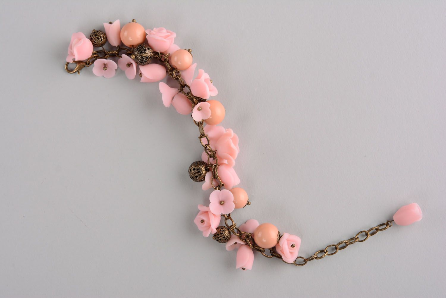 Pink peach color roses charm bracelet for a girl photo 2
