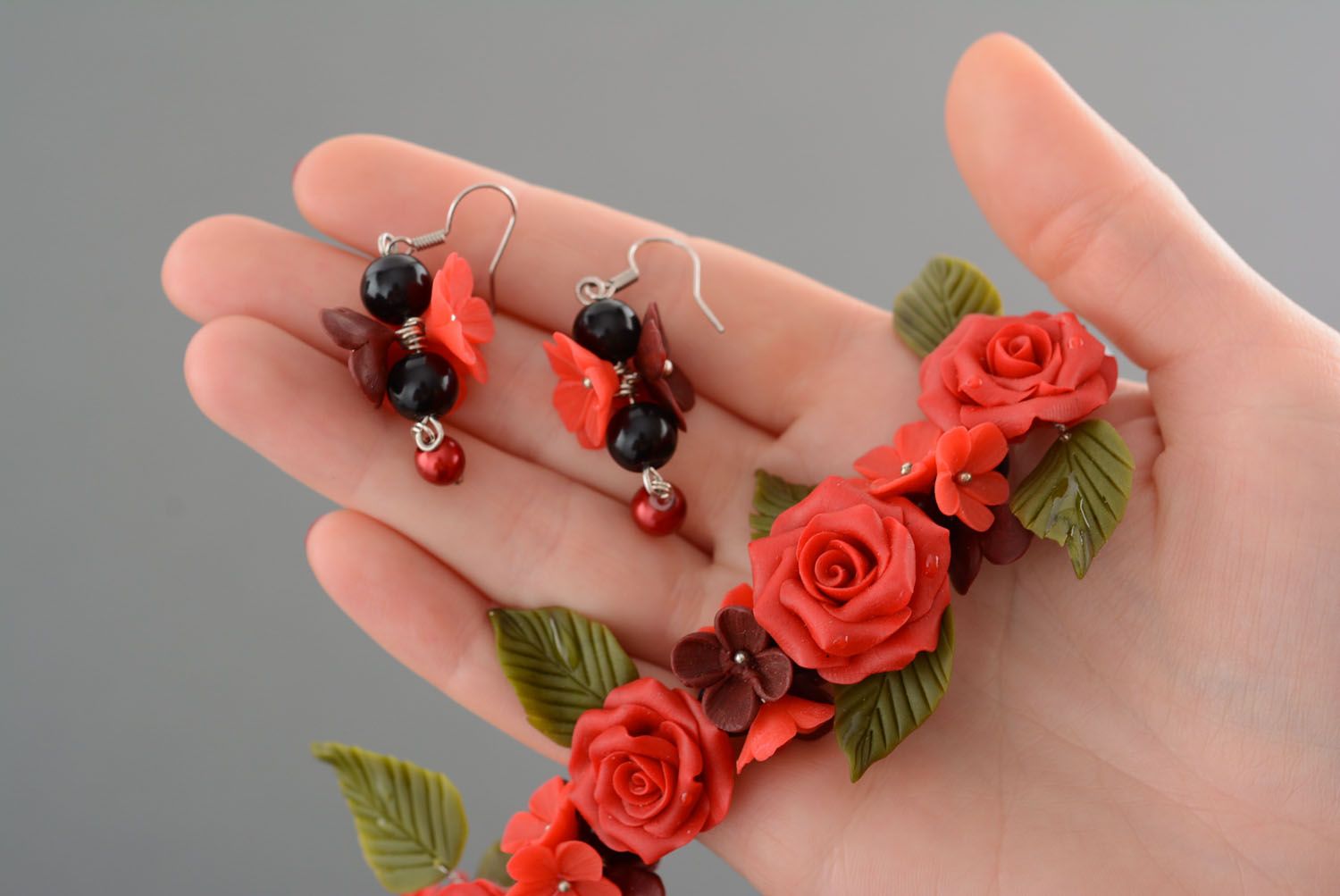 Set of jewelry made of polymer clay and garnet photo 5