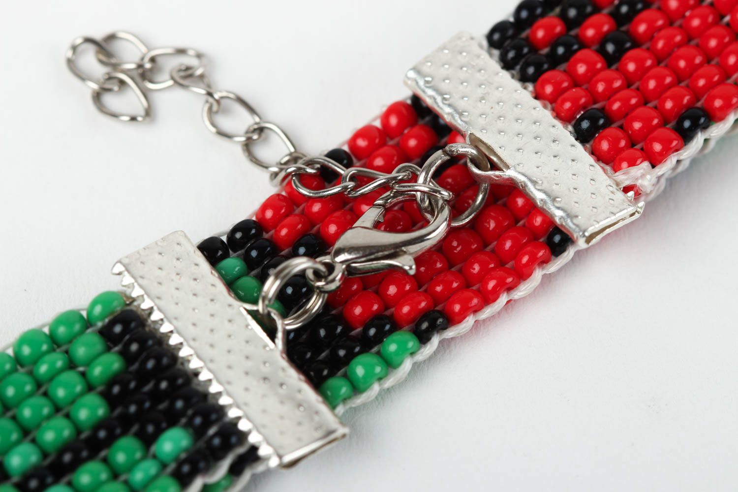 Adjustable green, black, red beads bracelet with floral ornament for her photo 4