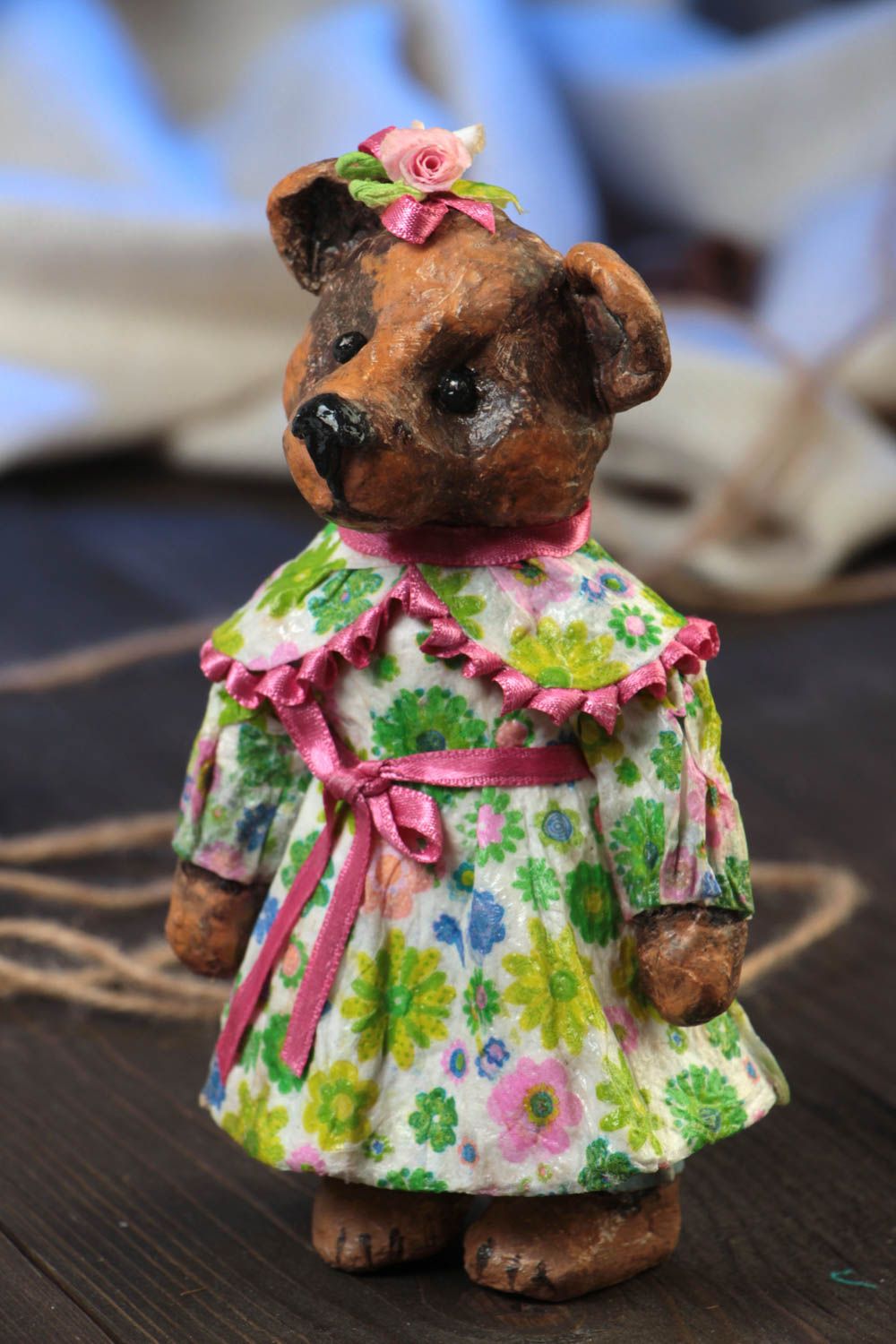 Handmade small painted paper mache figurine of bear girl in floral dress photo 1