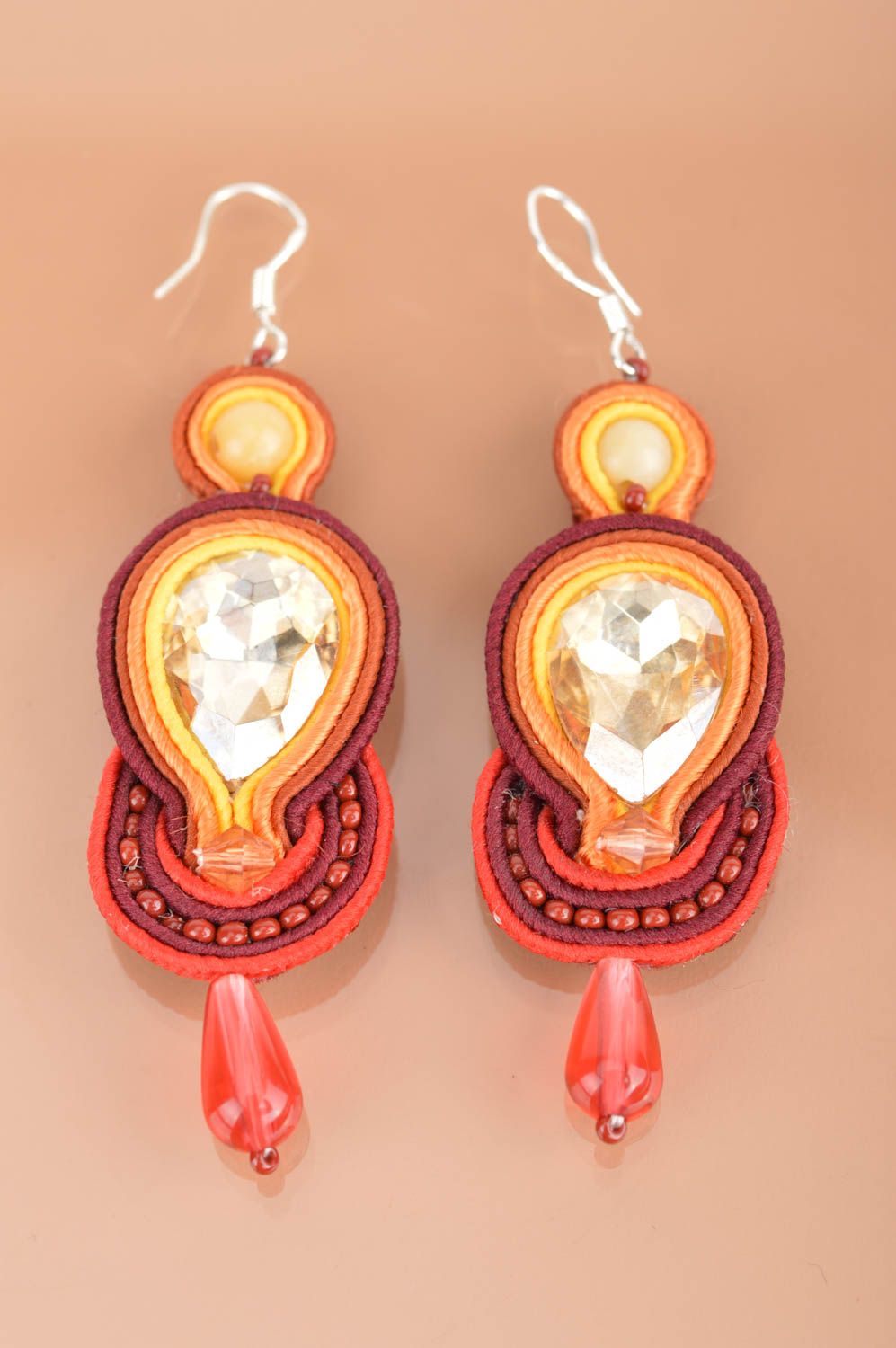 Beautiful women's handmade large dangle soutache earrings of claret color photo 2