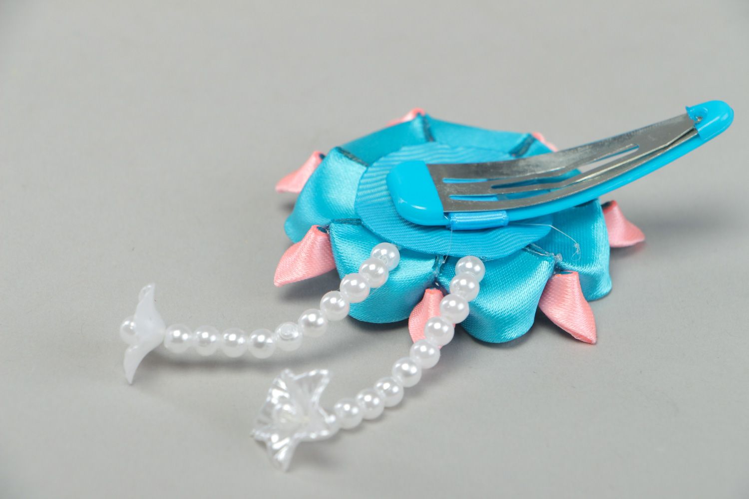 Tender handmade hair clip with pink and blue satin kanzashi flower with beads photo 3