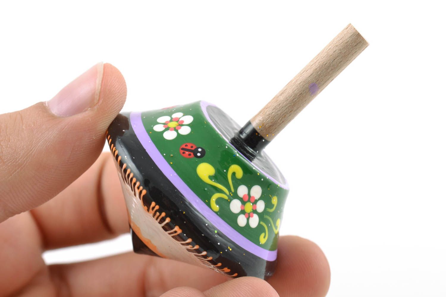 Small handmade painted wooden spinning top eco children's toy photo 2