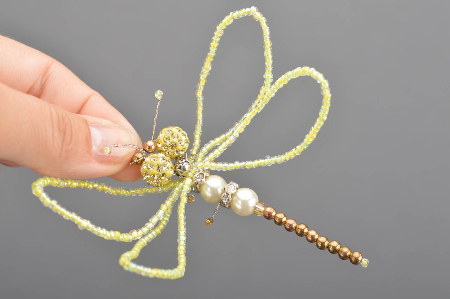 Handmade decorative beaded pendant in form of glittering yellow dragonfly  photo 2