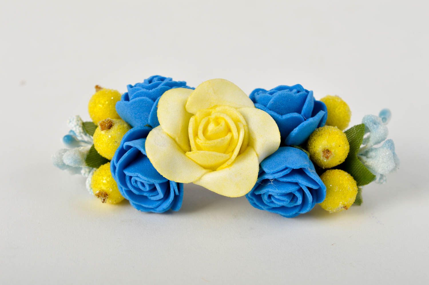 Gelb blaue Haarspange Blumen handmade Damen Modeschmuck Accessoire für Haare foto 2
