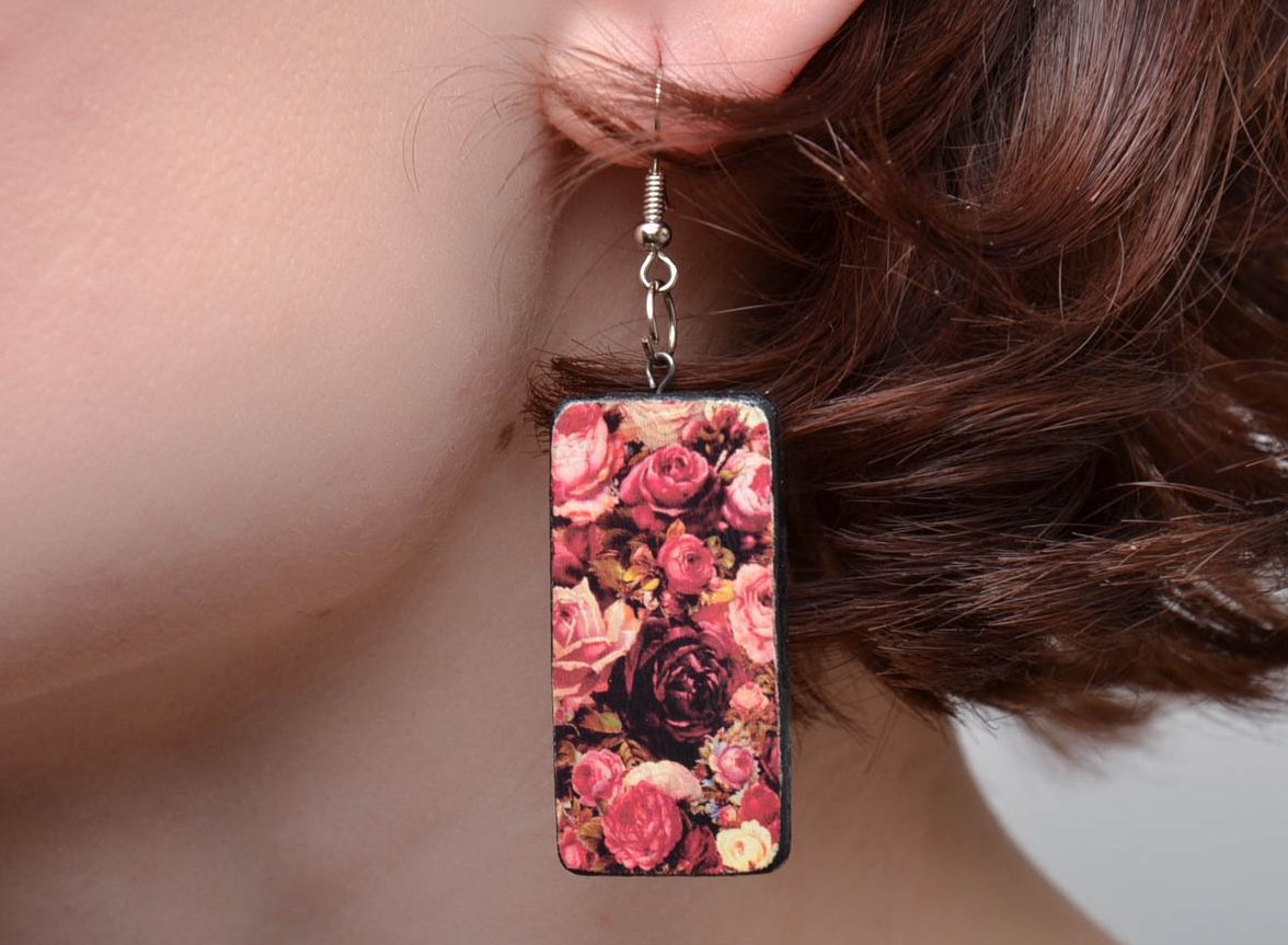 Wooden earrings with decoupage photo 5