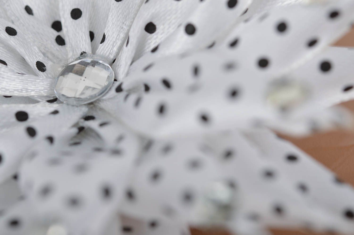 Handmade designer hair clip with black and white polka dot satin flower kanzashi photo 4