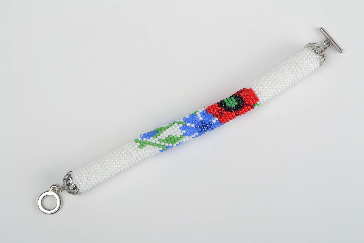 Bracelet spirale en perles de rocaille à motif floral fait main Pavot et bleuet photo 3