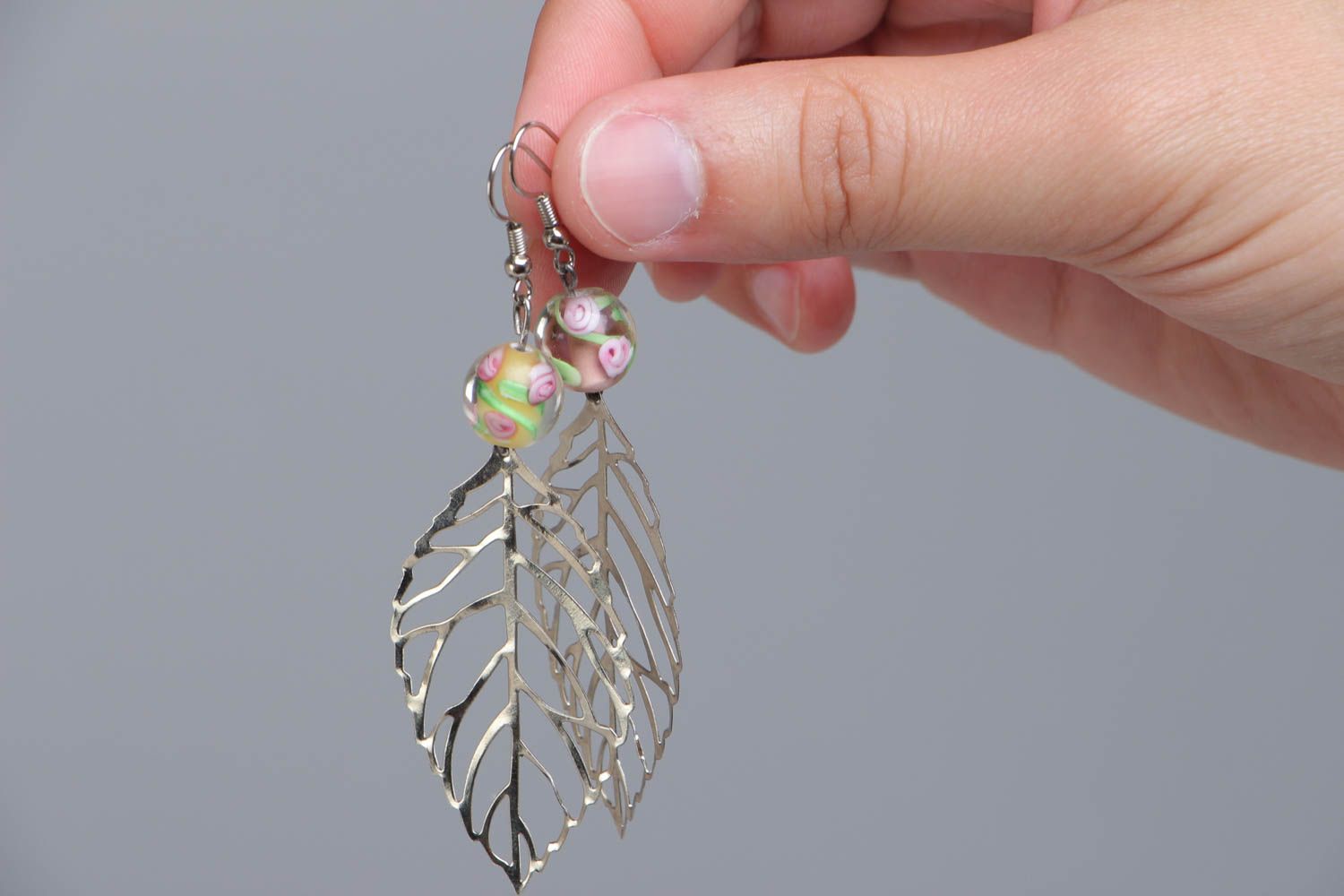 Handmade stylish metal earrings Leaves with glass beads summer designer accessory photo 5