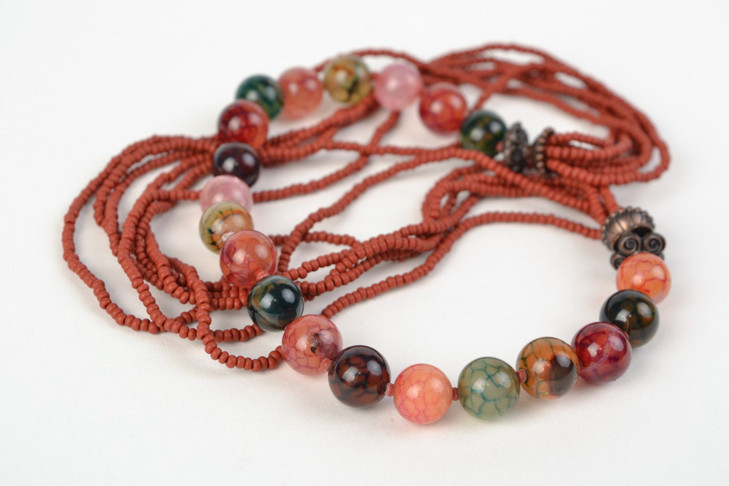 Multi-colored handmade necklace woven of natural stones and Czech beads photo 4
