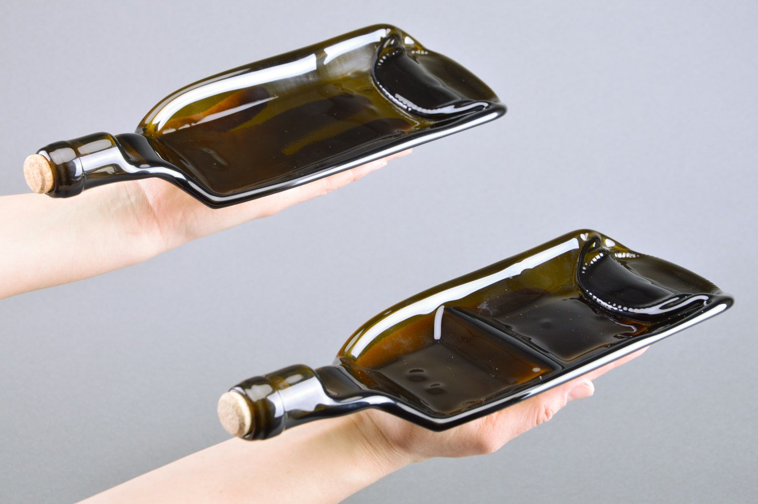 Handmade dark melted glass wine bottle cheese plates 2 items for table setting photo 3