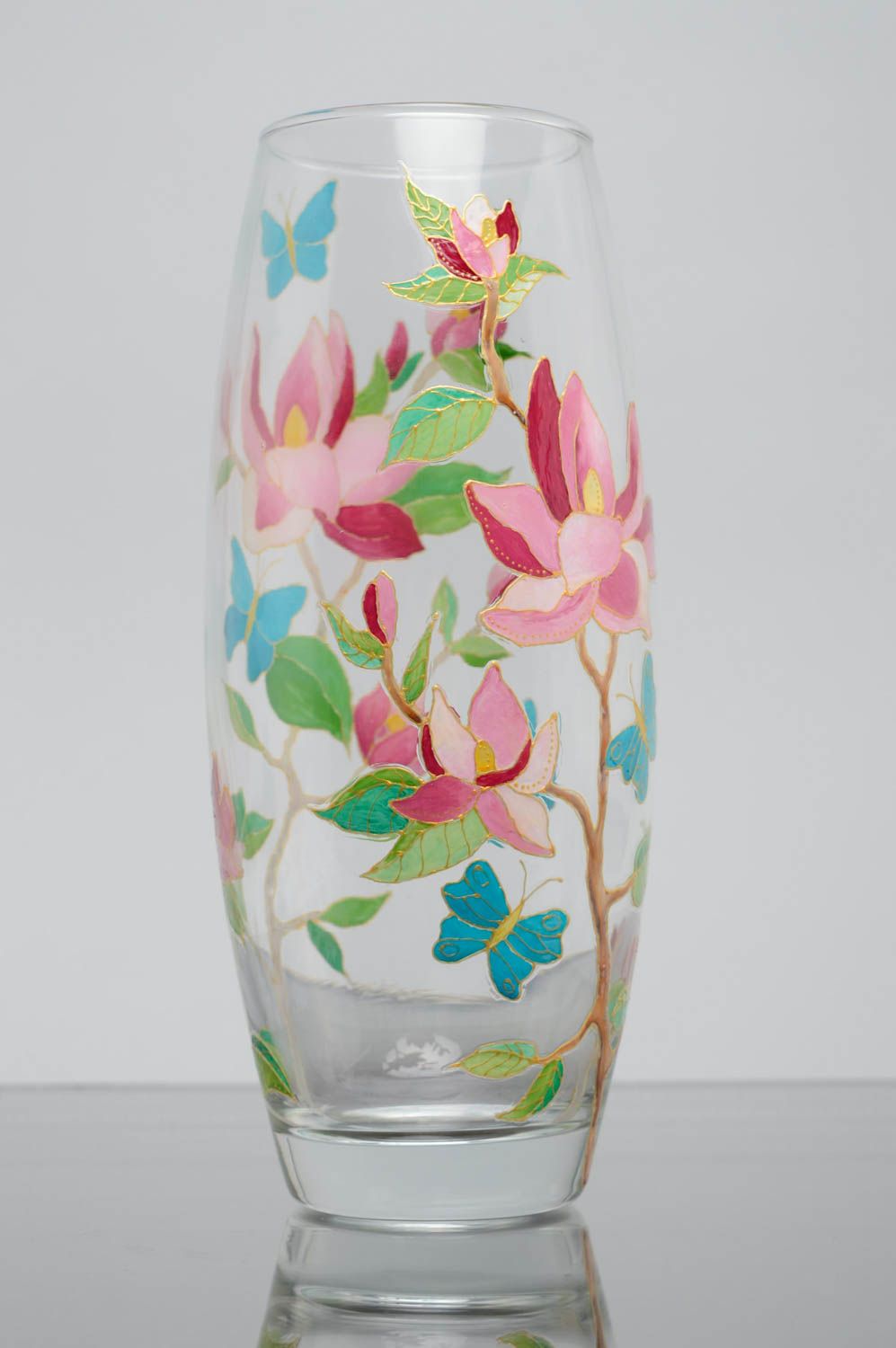 Стеклянная ваза для цветов с росписью витражными красками фото 6