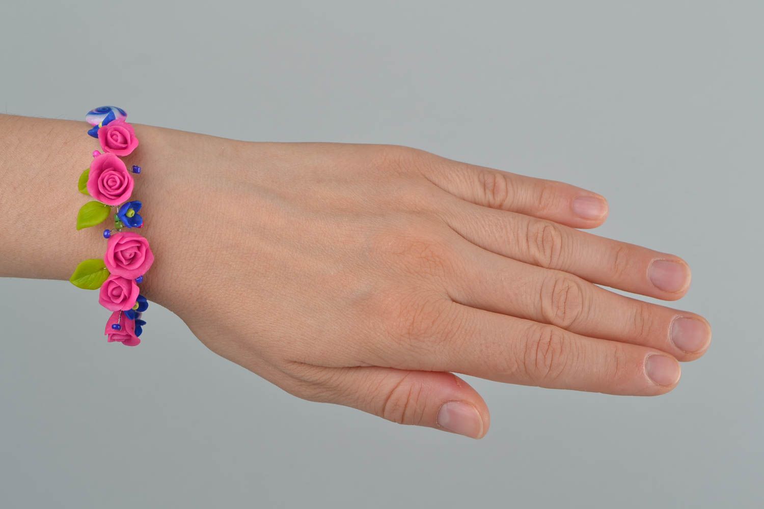 Bright homemade women's wrist bracelet with polymer clay flowers Tea Rose photo 2