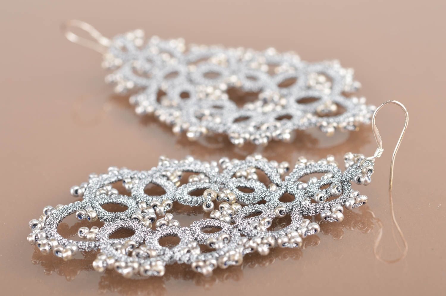 Handmade designer massive lace drop tatted dangle earrings light gray long photo 5
