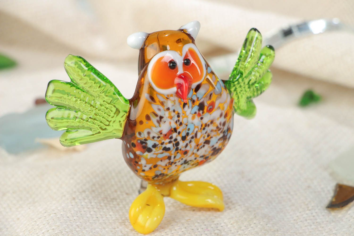Handmade collectible lampwork glass miniature animal figurine of colorful owl photo 1